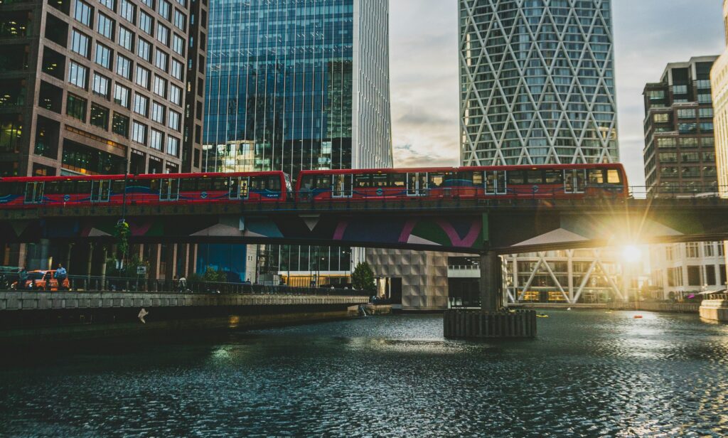 Picture of overground train passing through Canary Wharf.